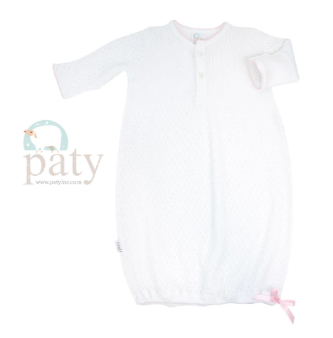 PATY LS DAY GOWN WITH 2 FRONT BUTTON NEWBORN WHITE/PINK