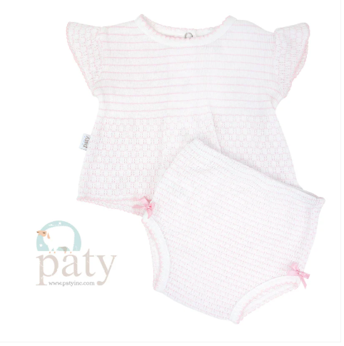 PATY 2 PIECE FLUTTER SLEEVE DIAPER SET  BOWS PINSTRIPE PINK