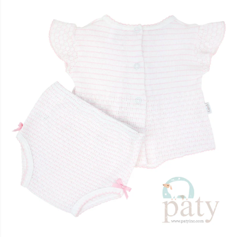 PATY 2 PIECE FLUTTER SLEEVE DIAPER SET  BOWS PINSTRIPE PINK