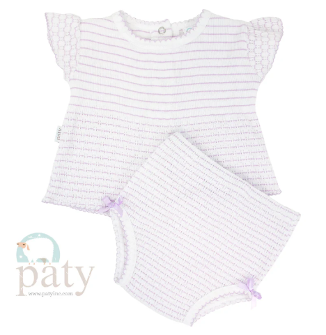 PATY 2 PIECE FLUTTER SLEEVE DIAPER SET  BOWS PINSTRIPE LAVENDER