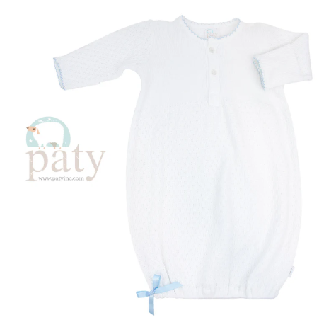 PATY LS DAY GOWN WITH 2 FRONT BUTTON NEWBORN WHITE/BLUE NO BOW