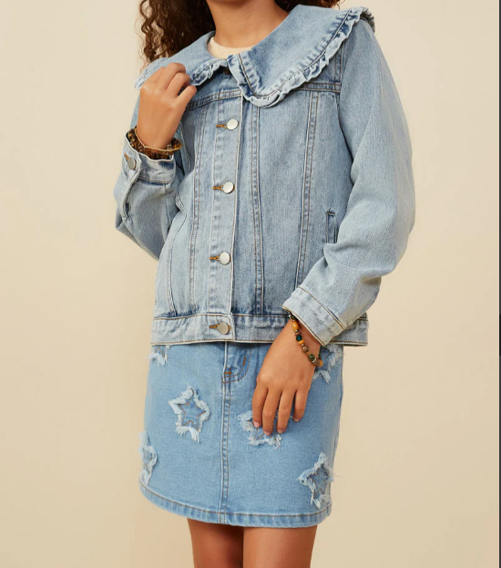 HAYDEN GIRLS EXAGGERATED RUFFLE COLLAR DENIM JACKET