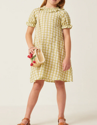 HAYDEN GIRLS TEXTURED GINGHAM AND DOT BIB DRESS