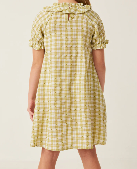 HAYDEN GIRLS TEXTURED GINGHAM AND DOT BIB DRESS