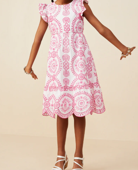 HAYDEN GIRLS EYELET EMBROIDERED FLUTTER SLEEVE SCALLOPED HEM DRESS