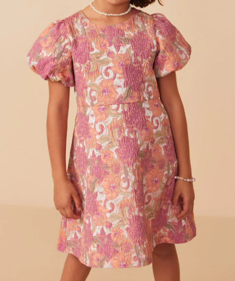 HAYDEN GIRLS FLORAL PRINT PUFF SLEEVE JACQUARD DRESS