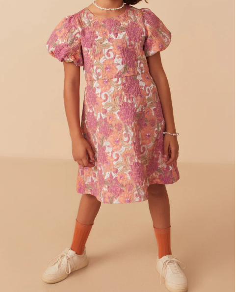 HAYDEN GIRLS FLORAL PRINT PUFF SLEEVE JACQUARD DRESS