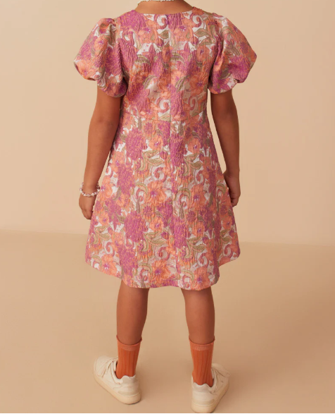 HAYDEN GIRLS FLORAL PRINT PUFF SLEEVE JACQUARD DRESS