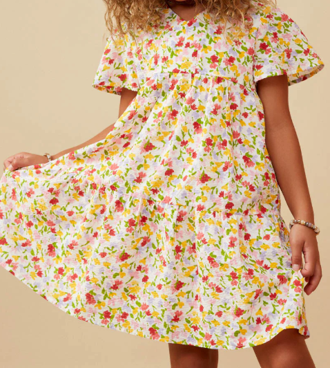 HAYDEN GIRLS DISTY FLORAL V NECK FLUTTER SLEEVE DRESS