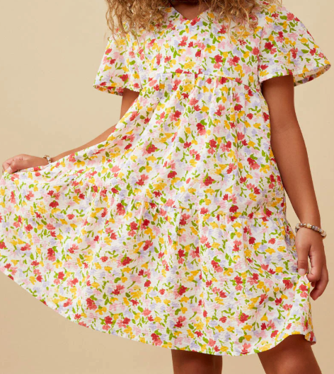 HAYDEN GIRLS DISTY FLORAL V NECK FLUTTER SLEEVE DRESS