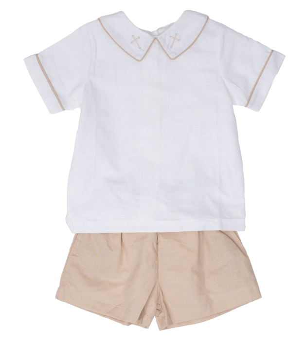 THE OAKS JOHN LINEN TAN LINEN CROSS SHORT SET