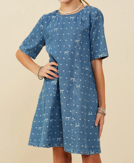 HAYDEN GIRLS POLKA DOT AND BOW PRINT DENIM DRESS