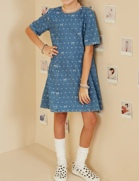 HAYDEN GIRLS POLKA DOT AND BOW PRINT DENIM DRESS