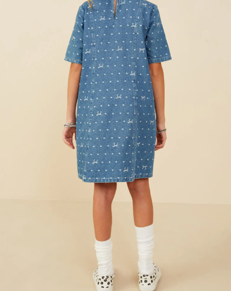 HAYDEN GIRLS POLKA DOT AND BOW PRINT DENIM DRESS