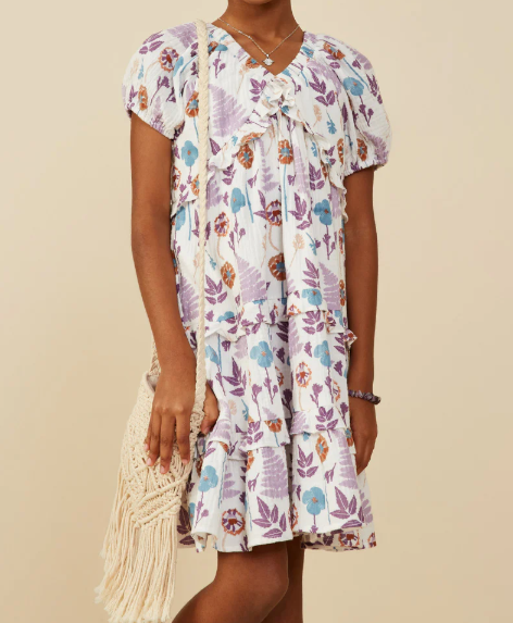 HAYDEN GIRLS FOREST PRINT RUFFLE DETAIL TEXTURED GAUZE DRESS