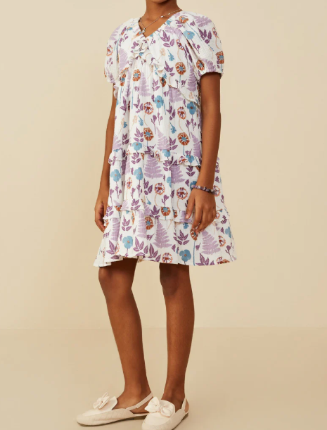 HAYDEN GIRLS FOREST PRINT RUFFLE DETAIL TEXTURED GAUZE DRESS