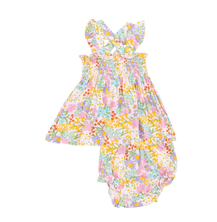 ANGEL DEAR AMELIA FLORAL RUFFLE STRAP SMOCKED TOP & DIAPER COVER