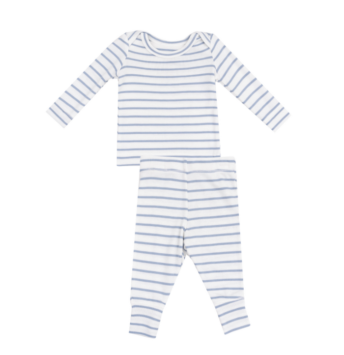 ANGEL DEAR FRENCH STRIPE DUSTY BLUE RIB LOUNGWEAR SET