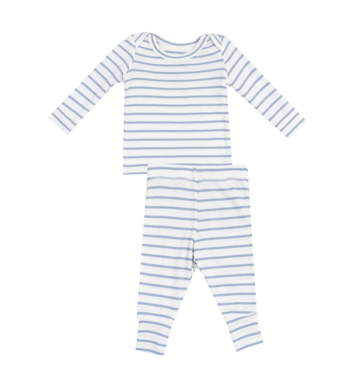 ANGEL DEAR FRENCH STRIPE DUSTY BLUE RIB LOUNGWEAR SET