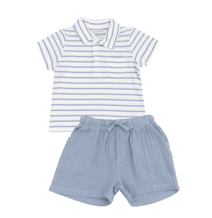 ANGEL DEAR FRENCH STRIPE DUSTY BLUE POLO SHORT SET