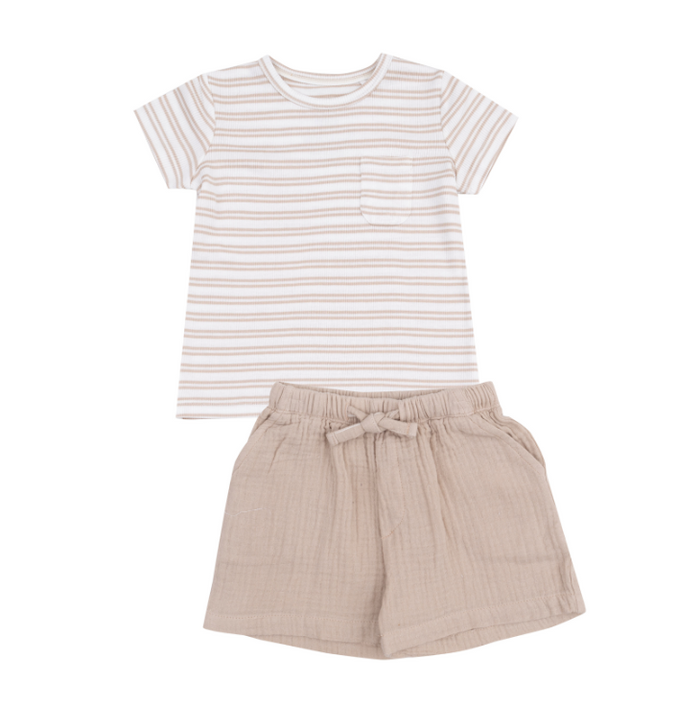 ANGEL DEAR STRIPE OXFORD TAN CREW NECK SHORT SET