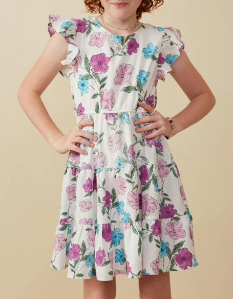 HAYDEN GIRLS FLORAL PRINT RUFFLE SLEEVE TEXTURED DRESS