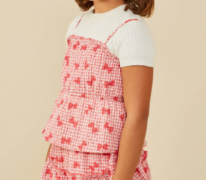 HAYDEN GIRLS BOW PRINT SEERSUCKER RUFFLE TOP