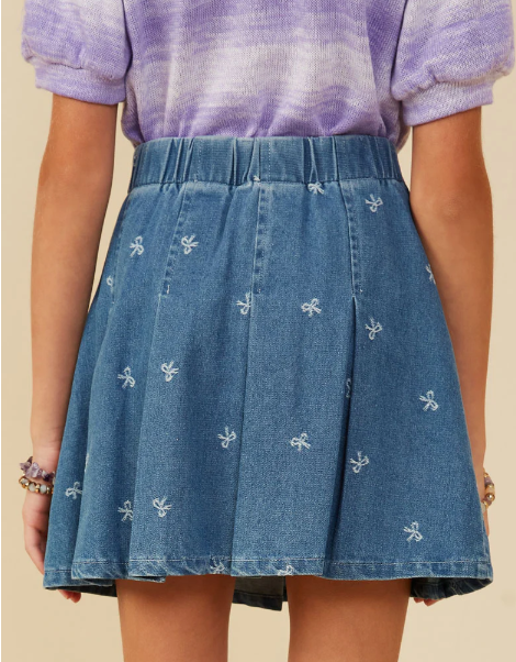 HAYDEN GIRLS BOW PRINTED PLEATED DENIM SKIRT