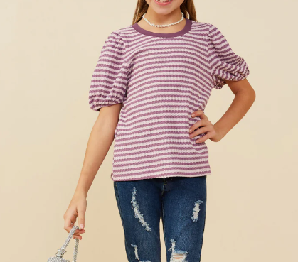 HAYDEN GIRLS PUFF SLEEVE TEXTURED STRIPE