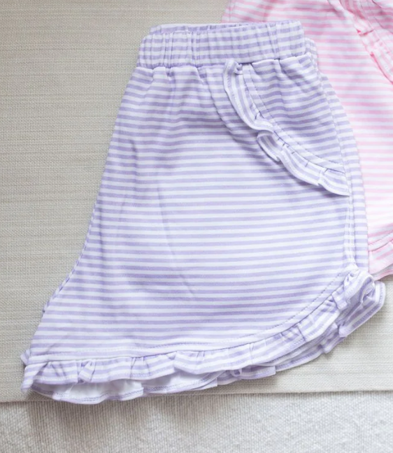 JAMES & LOTTIE KINLEY RUFFLED KNIT PIMA SHORTS LAVENDER STRIPE