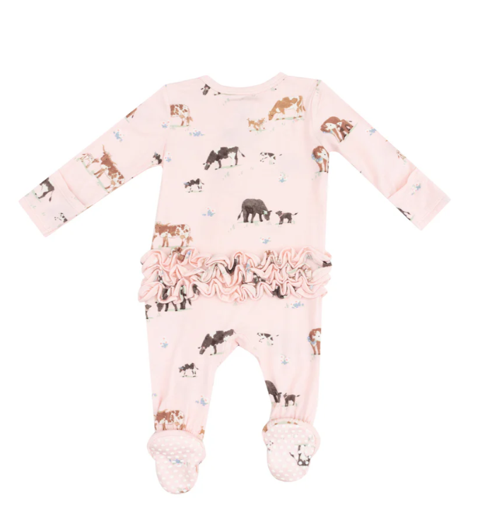 ANGEL DEAR COW FAMILIES PINK 2 WAY RUFFLE ZIPPER FOOTIE