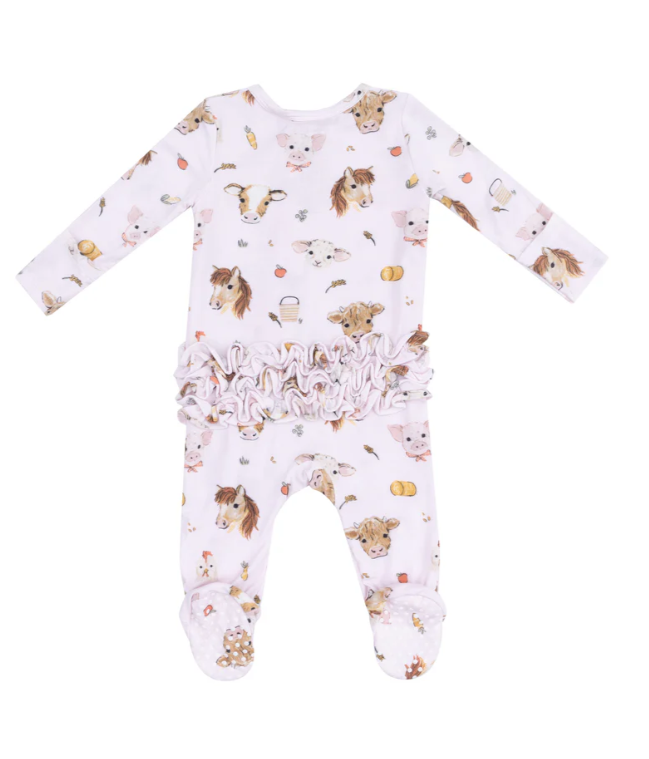 ANGEL DEAR ANIMAL FACES PINK 2 WAY RUFFLE ZIPPER FOOTIE