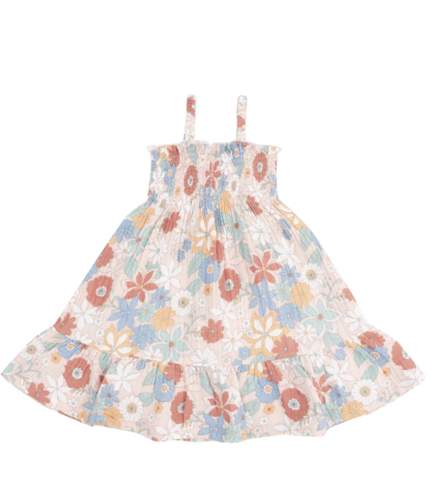 ANGEL DEAR TROPICAL RETRO FLORAL TIE STRAP SMOCKED SUN DRESS