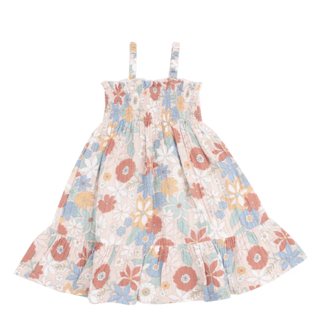 ANGEL DEAR TROPICAL RETRO FLORAL TIE STRAP SMOCKED SUN DRESS