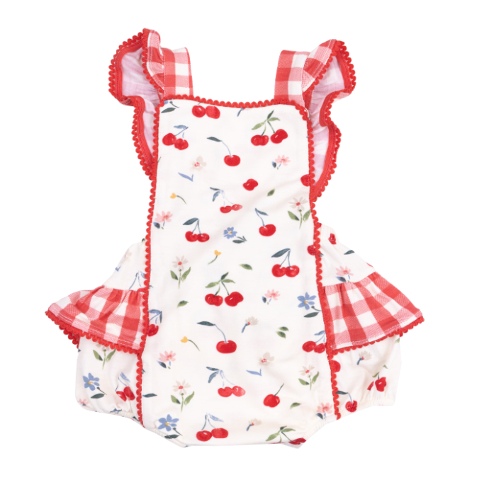 ANGEL DEAR WATERCOLOR CHERRIES GINGHAM RIC RAC RUFFLE SUNSUIT