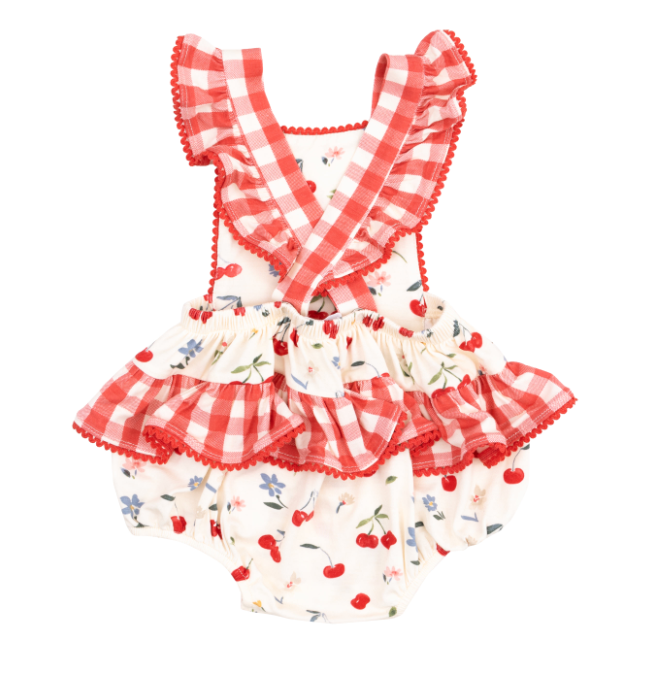 ANGEL DEAR WATERCOLOR CHERRIES GINGHAM RIC RAC RUFFLE SUNSUIT