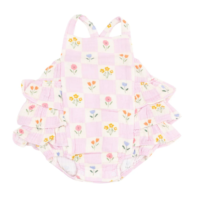 ANGEL DEAR FLORAL CHECK RUFFLE SUNSUIT