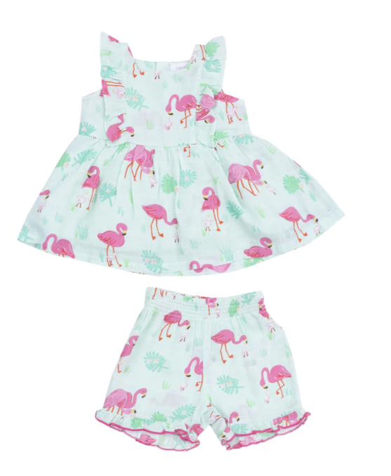 ANGEL DEAR FLAMINGOS SQUARE NECK RUFFLE TANK AND SHORT