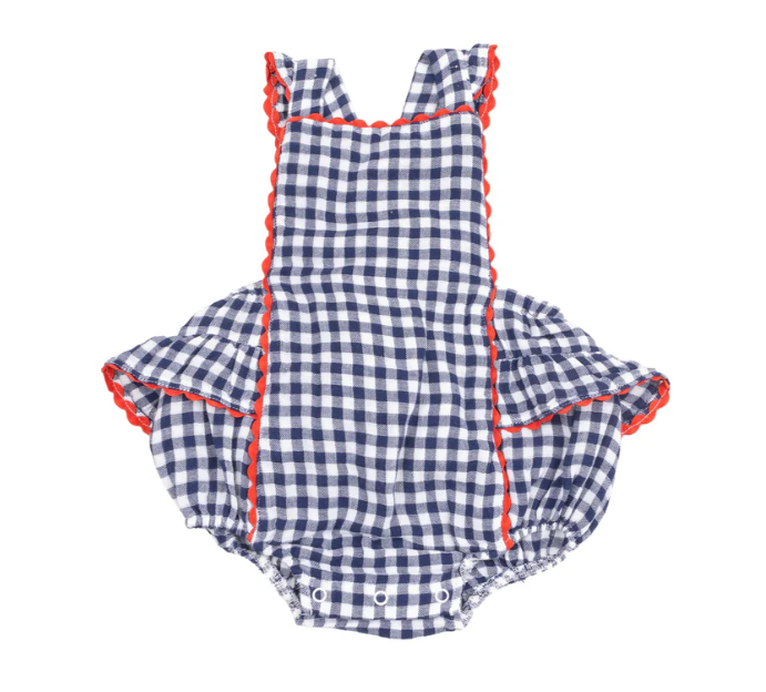 ANGEL DEAR NAVY GINGHAM RIC RAC RUFFLE SUNSUIT