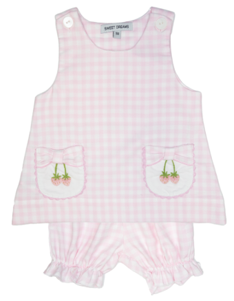 SWEET DREAMS STRAWBERRY EMBROIDERY PINK GINGHAM BLOOMER SET