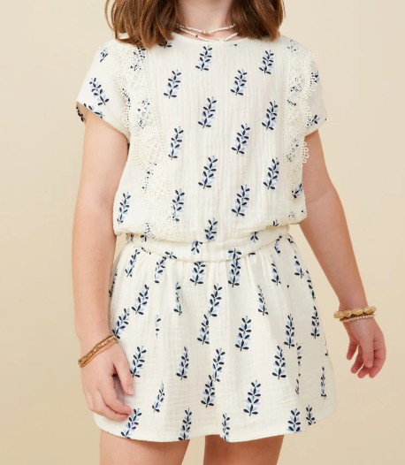 HAYDEN GIRLS CROCHET LACE TRIM FLORAL GAUZE TOP