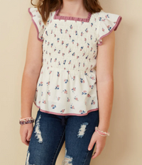 HAYDEN GIRLS CONTRAST PIPED SMOCKED DITSY FLORAL TOP