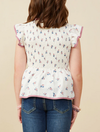 HAYDEN GIRLS CONTRAST PIPED SMOCKED DITSY FLORAL TOP