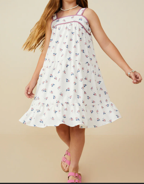 HAYDEN GIRLS CONTRAST PIPED DITSY FLORAL TANK DRESS
