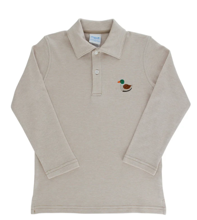 BAILEY BOYS EMBROIDERED KNIT MICROSTRIPE POLO DUCK ON KHAKI