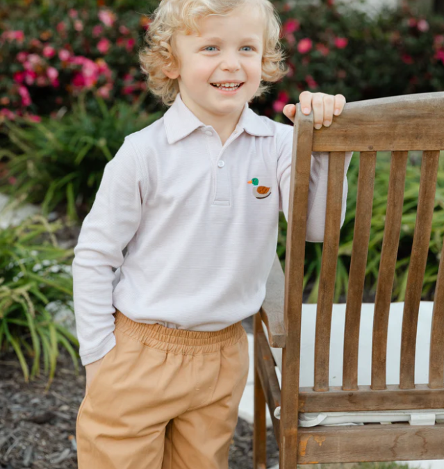 BAILEY BOYS EMBROIDERED KNIT MICROSTRIPE POLO DUCK ON KHAKI