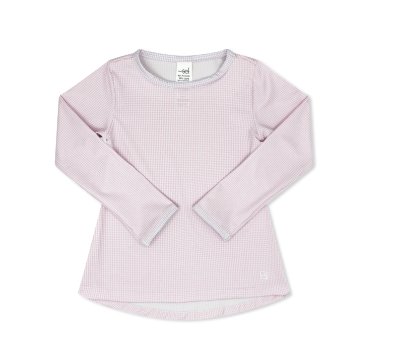 SET ATHLEISURE BRIDGET BASIC T LONG SLEEVE COTTON CANDY PINK MINIGINGHAM, PETAL PURPLE MINI GINGHAM