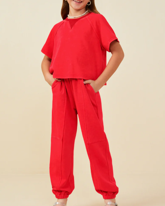 HAYDEN GIRLS RED WASHED PANELED KNIT JOGGER SET
