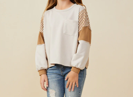 HAYDEN GIRLS STRIPE AND COLOR BLOCK SLEEVE DETAIL KNIT TOP