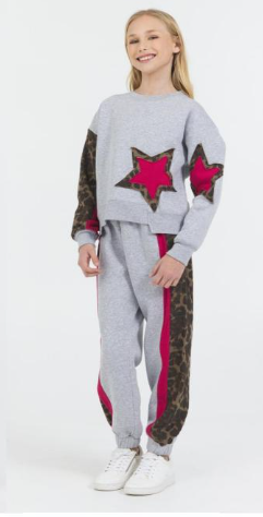 VINTAGE HAVANA COLOR BLOCK CREW NECK WITH RED LEOPARD PRINT STAR